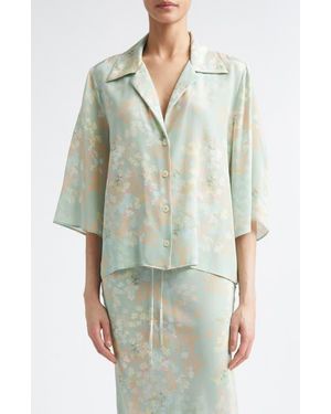 BERNADETTE Petit Beurre Jasmine On Mint Print Silk Button-Up Camp Shirt - White