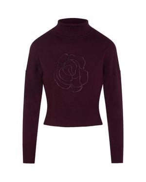 Versatile Cropped Embroidered Turtle Neck Knit Sweater - Purple
