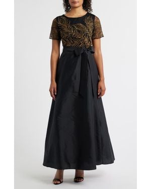 Pisarro Nights Beaded Embroidered Short Sleeve Taffeta A-Line Gown - Black