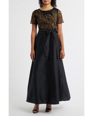 Pisarro Nights Beaded Embroidered Short Sleeve Taffeta A-Line Gown - Black