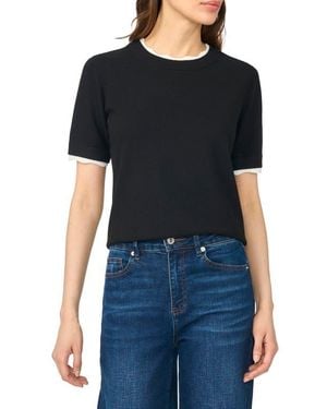 Cece Lace Trim Short Sleeve Crewneck Sweater - Black