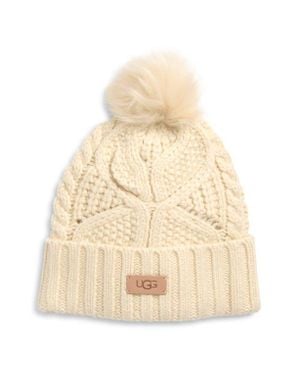 UGG Faux Fur Pompom Cable Knit Beanie - Natural