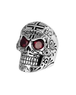 King Baby Studio Large Skull Ring With Chosen Cross Detail And Garnet Eyes - White