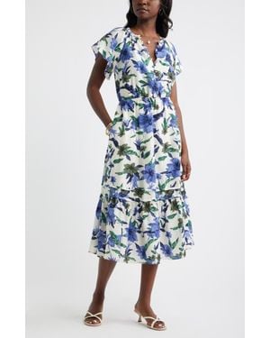 Caslon Front Button Midi Dress - Blue