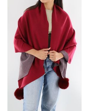 La Fiorentina Two Tone Scarf With Faux Fur Poms - Red