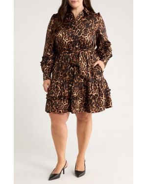 Anne Klein Leopard Tie Waist Long Sleeve Shirtdress - Brown
