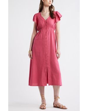 Treasure & Bond Short Sleeve Button Down Linen Blend Midi Dress - Pink
