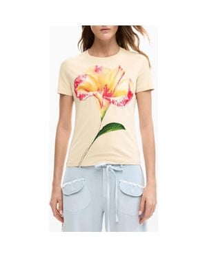 Desigual Embroidered Pansy Cotton Graphic T-Shirt - Natural