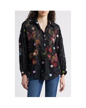NIKKI LUND Emma Embellished Semisheer Button-Up Shirt - Black