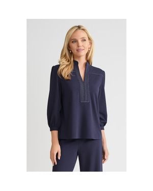Ming Wang Stretch Deco Crepe Balloon Sleeve Blouse - Blue