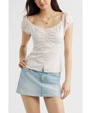 BP. Lace Trim Stretch Cotton Button-Up Top - Blue