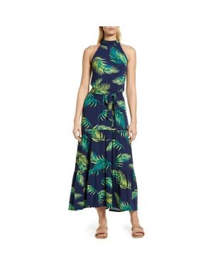 Loveappella Palm Print Halter Neck Knit Maxi Dress - Green