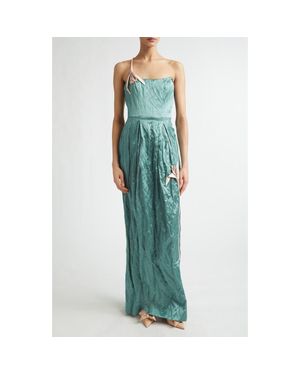 Erdem Tulip Appliqué Strapless Crinkled Metallic Satin Evening Gown - Green
