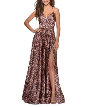 La Femme Print A-Line Prom Gown With Tie Up Back - Brown
