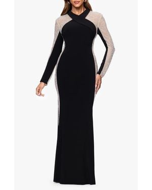 Xscape Evenings Beaded Mesh Long Sleeve Gown - Black