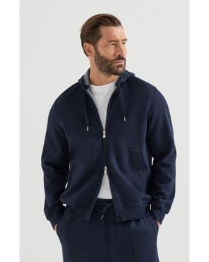 Brunello Cucinelli Cotton, Cashmere And Silk French Terry Double Cloth Hooded Sweatshirt With Zipper - Blue