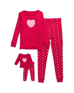Leveret Girls Cotton Print Pajamas With Matching Doll Pair - Red