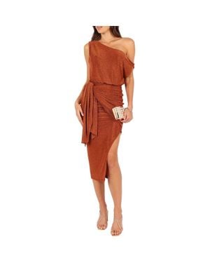 Petal & Pup Santiago Metallic Side Tie One-Shoulder Midi Dress - Red