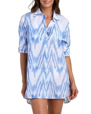 La Blanca Tidal Wave Button-Up Cotton Cover-Up Shirt - Blue