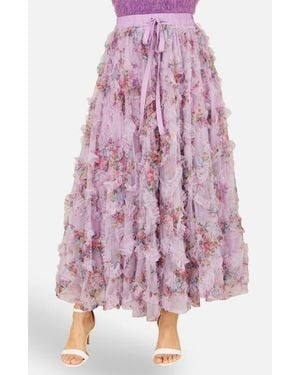 Yumi' Floral Ruffle Mesh Midi Skirt - Pink