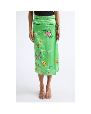 Conner Ives Demi-Couture Reconstituted Embroidered Silk Wrap Skirt - Green