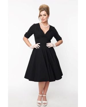 Unique Vintage Half Sleeve Surplice Delores Swing Dress - Black