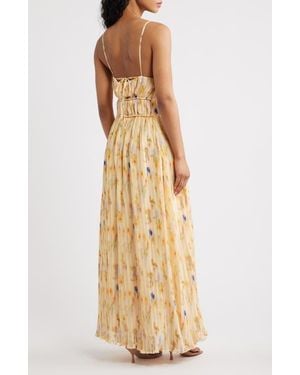 Line & Dot Potpourri Abstract Floral Micropleat Chiffon Maxi Dress - Natural