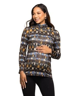 24seven Comfort Apparel Mock Neck Long Sleeve Printed Top - Black