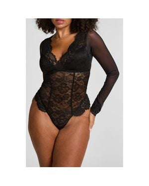 Hunkemöller Essie Long Sleeve Mesh & Lace Teddy - Black