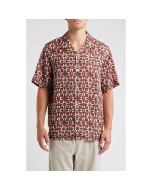 Wax London Didicot Painted Geo Pattern Lyocell Camp Shirt - Red