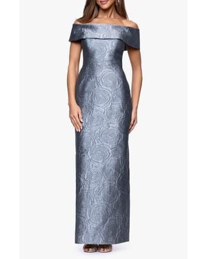 Xscape Evenings Metallic Jacquard Off The Shoulder Gown - Blue