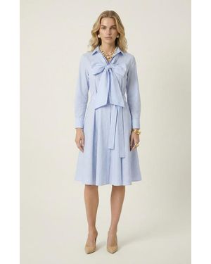 Modenaire Striped Tie Neck Bow Waist Belt Shirt Dress - Blue