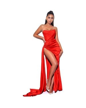 Miss Circle Holly Corset Crystallized High Slit Evening Gown - Red