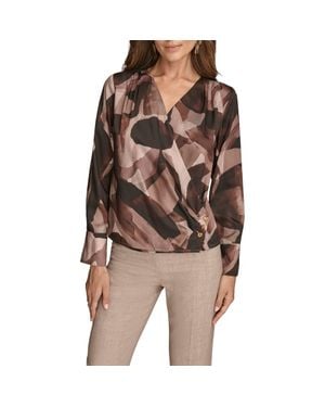 Donna Karan Floral Satin Surplice Top - Brown