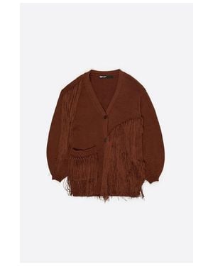 Bimba Y Lola Long Fringed Knit Cardigan - Brown