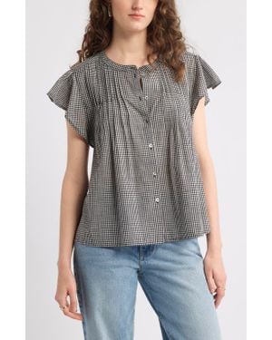Treasure & Bond Gingham Flutter Sleeve Button-Up Top - Gray