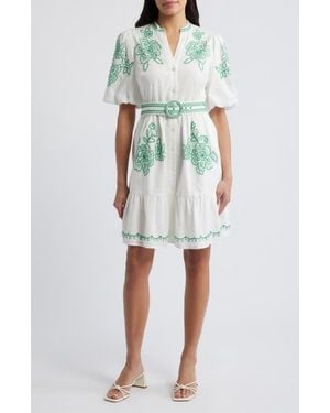 Eliza J Embroidered Short Sleeve Cotton Shirtdress - Multicolor