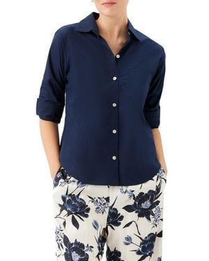 Karen Kane Ruched Sleeve Cotton Button-Up Shirt - Blue