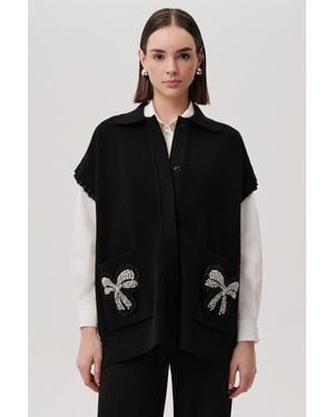 Exquise Stone Pocket Detail Collar Knit Vest - Black