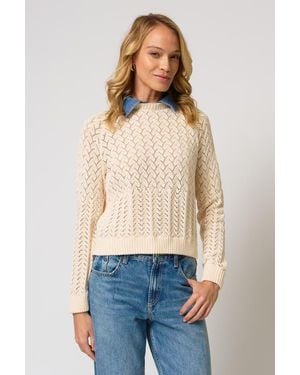 Central Park West Hazel Denim Collared Pointelle Sweater - Blue