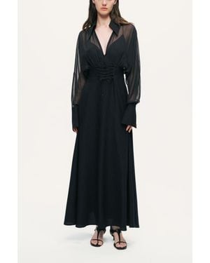 Nocturne Sheer Lace-Up Waist Maxi Shirt Dress - Blue