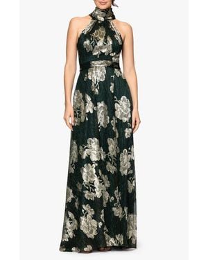 Betsy & Adam Crinkle Metallic Floral Gown - Green