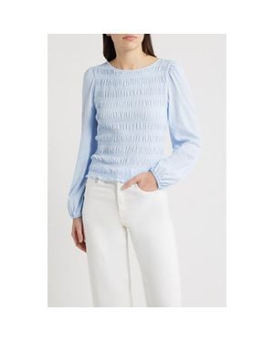 Madewell Smocked Boat Neck Long Sleeve Cotton Top - Blue