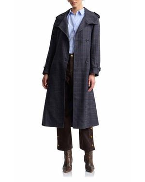 Avec Les Filles Plaid Relaxed Belted Funnel Neck Coat - Blue