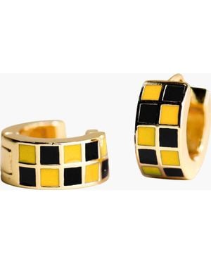 Nickel & Suede Checkered Enamel Huggies - Orange
