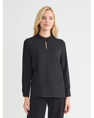 Misook Ruffle Neck Keyhole Crepe De Chine Blouse - Gray