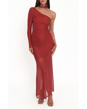 Petal & Pup Hollie Polka Dot Scarf, One-Shoulder Mesh Top & Maxi Skirt Set - Red