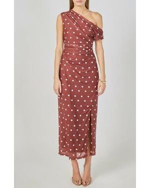 Endless Rose Dot Ruched One-Shoulder Mesh Maxi Dress - Red