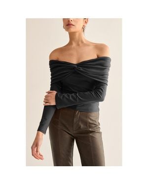 Crescent Front Twist Off Shoulder Knit Top - Black