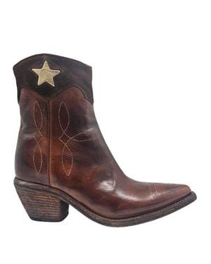 Madison Maison Cowboy Pointy Toe Star Ankle Boots - Brown